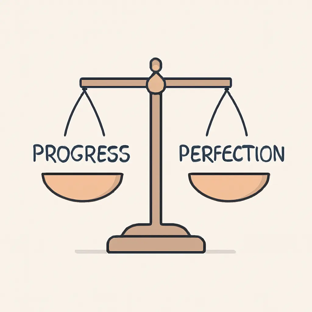 Illustration of balancing scales representing progress versus perfection