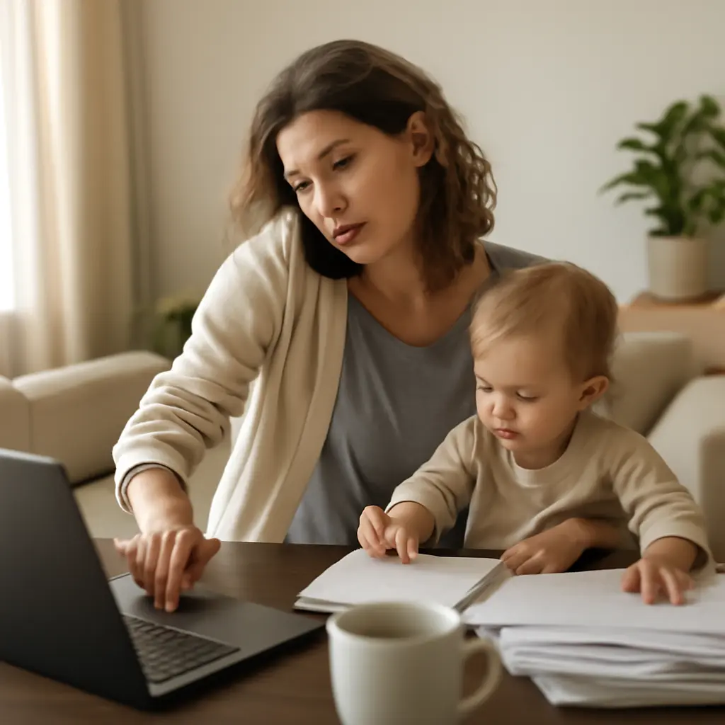 A busy woman balancing work, family, and self-care tasks