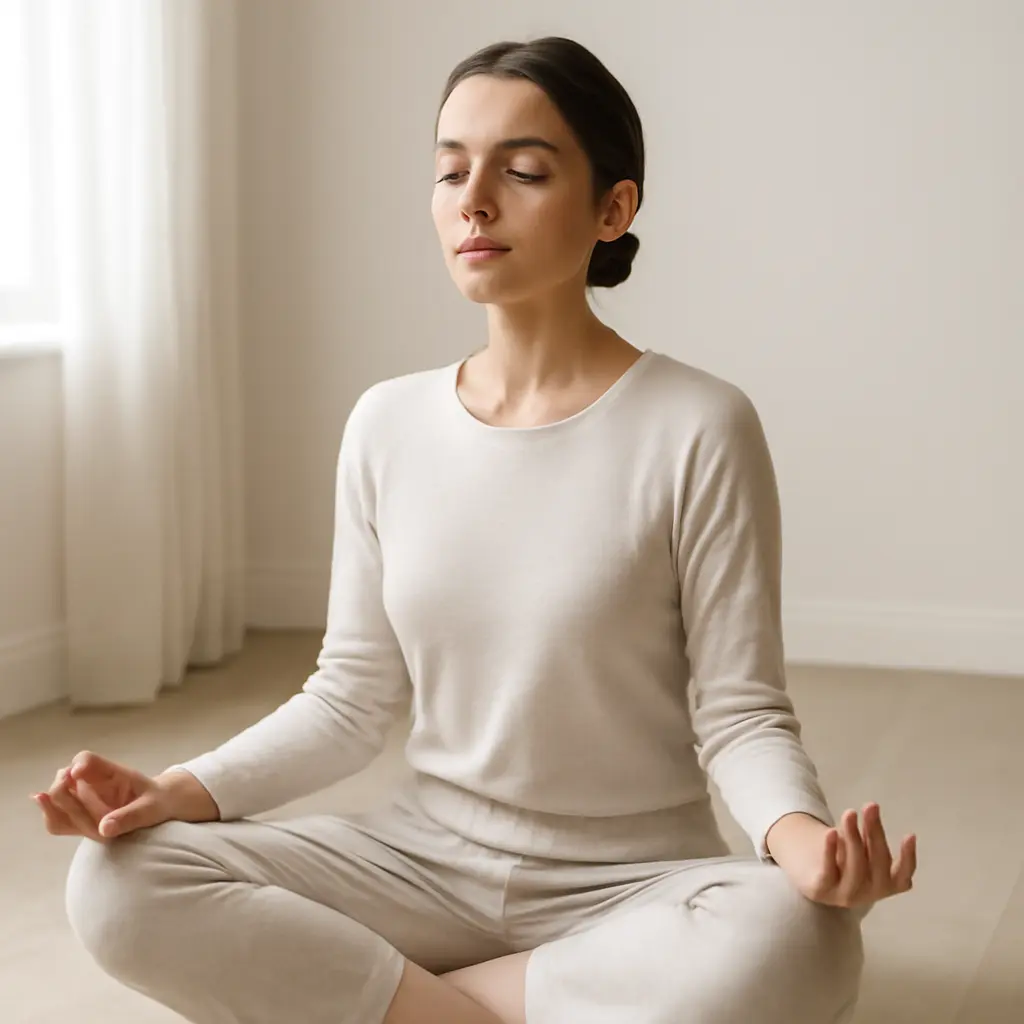 Woman practicing breathwork and mindfulness in a quiet room