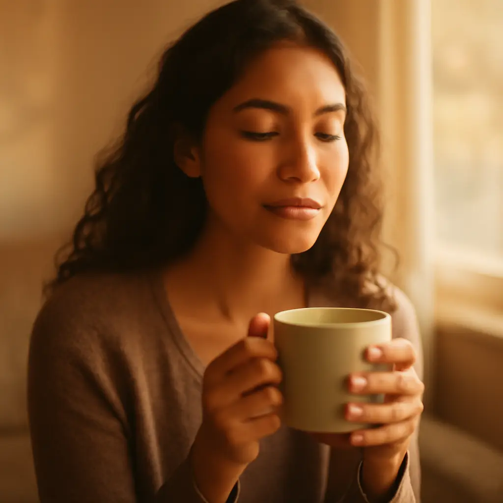 A calm scene of a woman taking a mindful break with a cup of tea