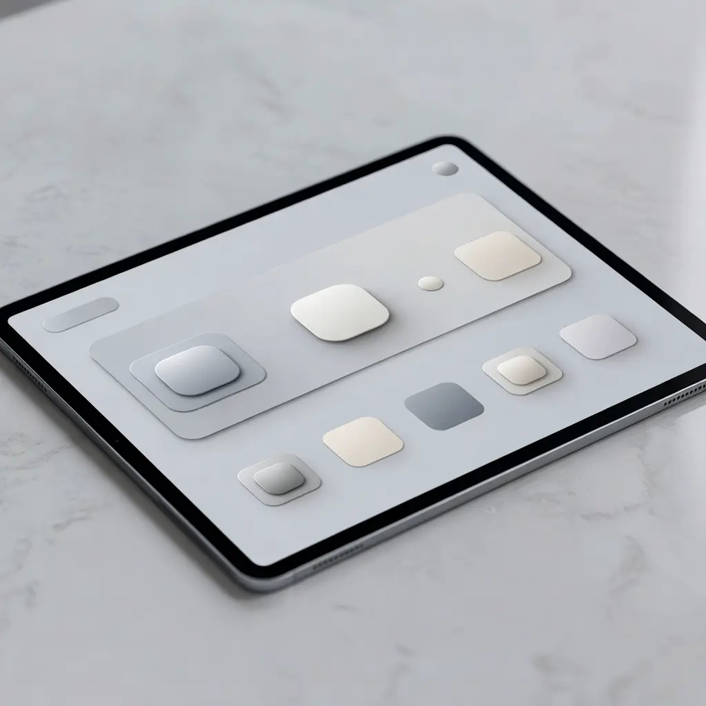 A tablet screen showing a beautifully designed online casino game lobby with a clean layout, soft colour palette, and intuitive navigation icons arranged around game thumbnails