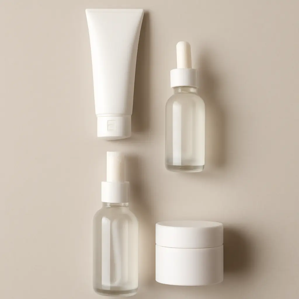 A flatlay of evidence-based skincare products laid out in order