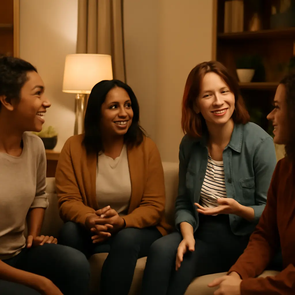 A small group of women in conversation, supportive and engaged