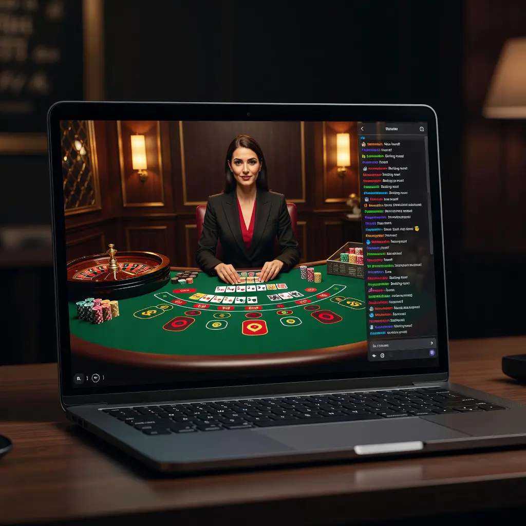 A close-up of a laptop screen showing a professionally run live dealer casino game with a visible chat sidebar, warm studio lighting, and a friendly dealer