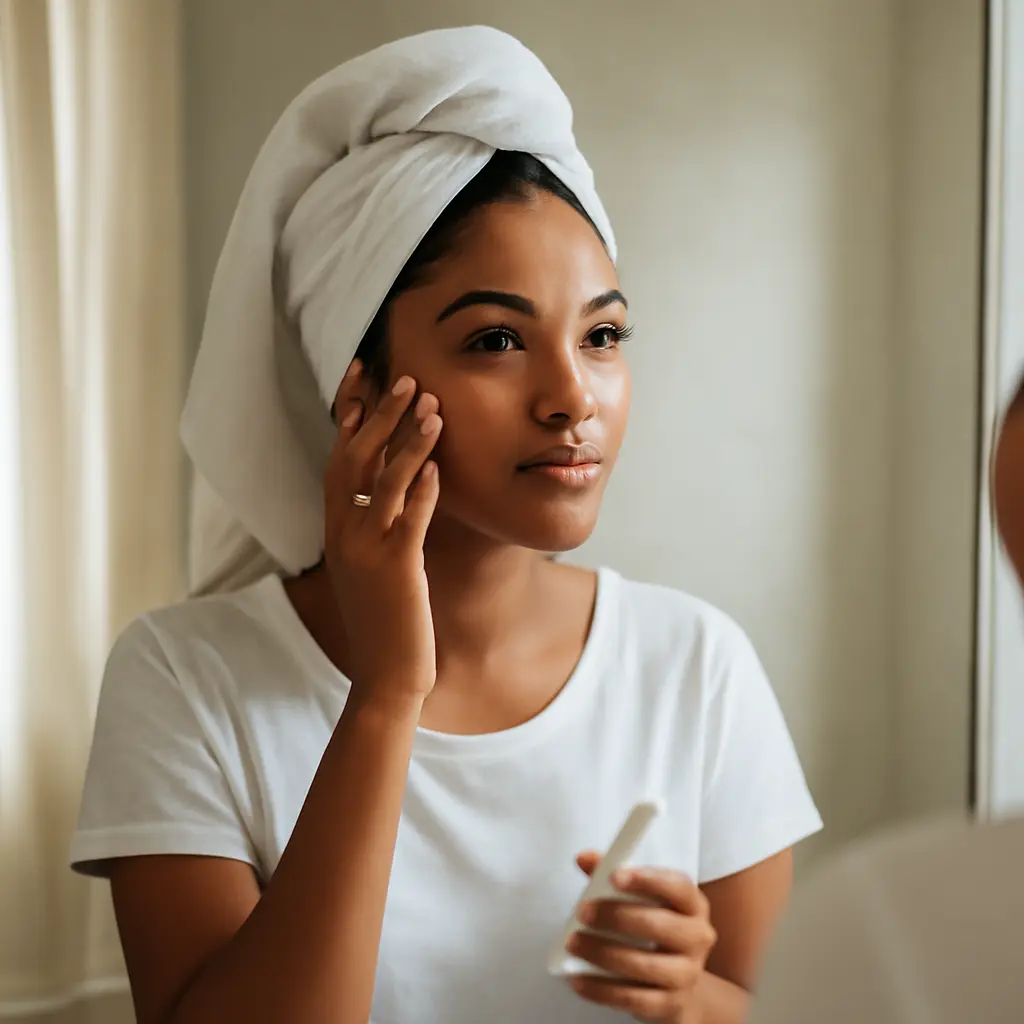 Woman rethinking beauty routine in front of mirror
