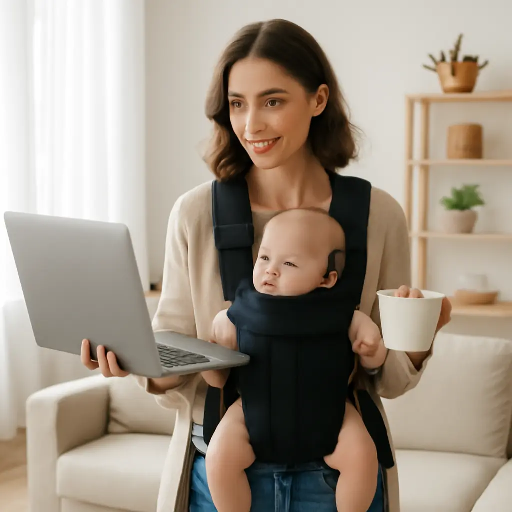 Modern woman balancing tasks Woman balancing work, family, and leisure with calm expression