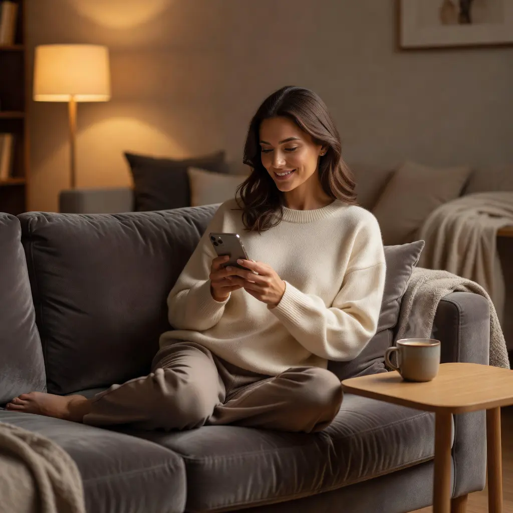 A stylish modern woman sitting comfortably on a sofa, using a smartphone in a cozy, warmly lit living room with a coffee cup nearby