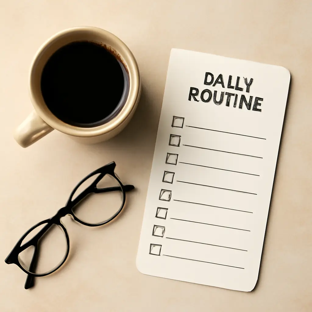 A neat checklist on a table with a coffee cup, representing daily routines