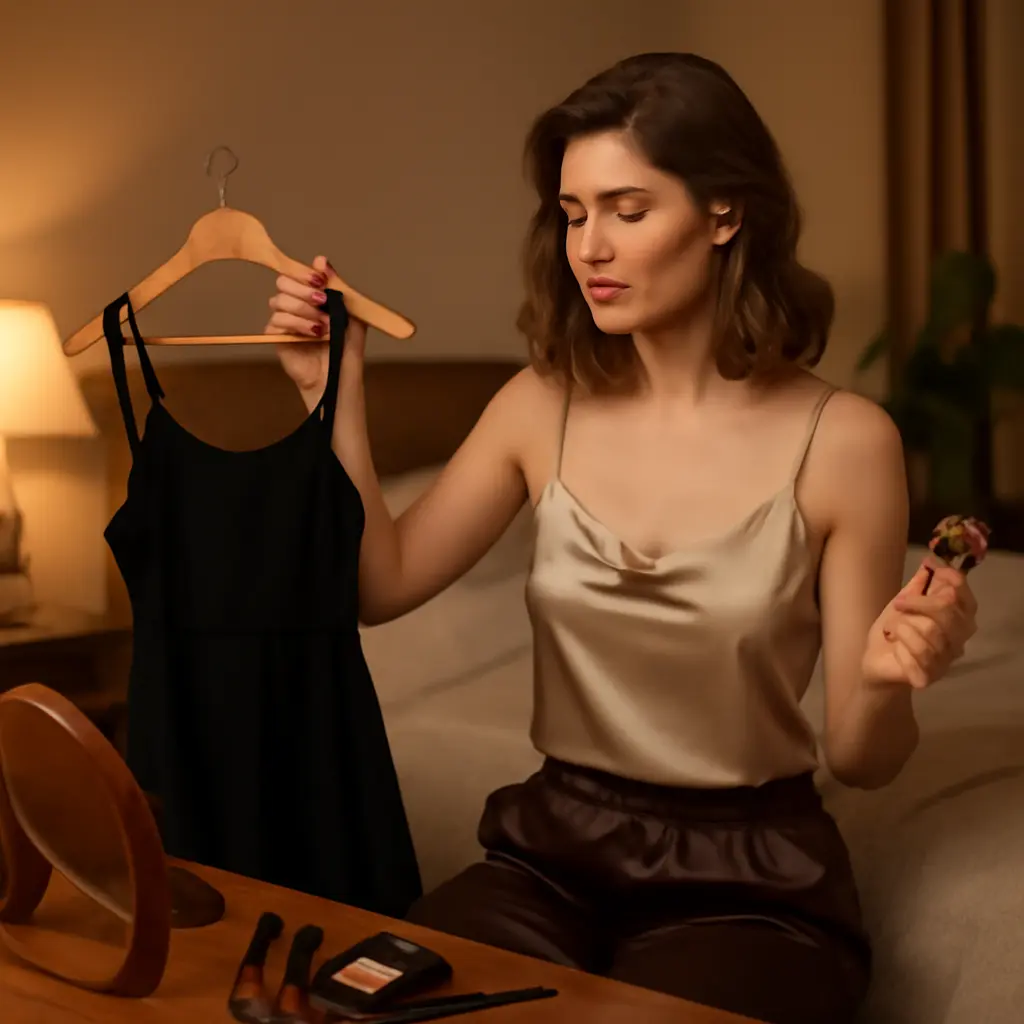 A woman preparing for a night out, choosing outfit and makeup