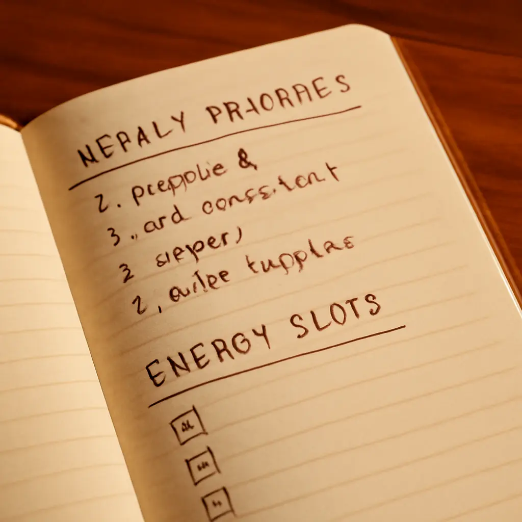 Open notebook showing a weekly sustainable life plan with priorities and energy slots