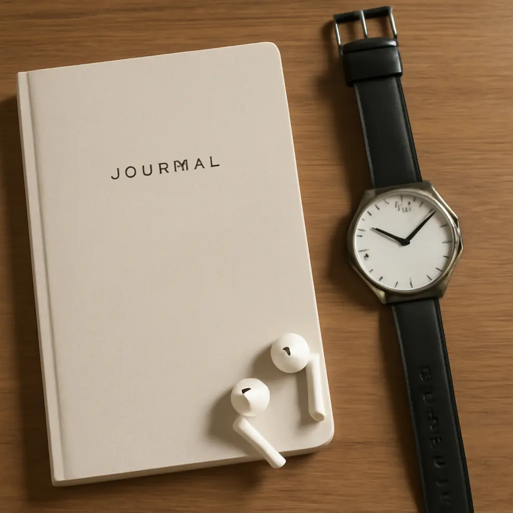 Close-up of a journal, a watch, and headphones representing small practical self-care tools