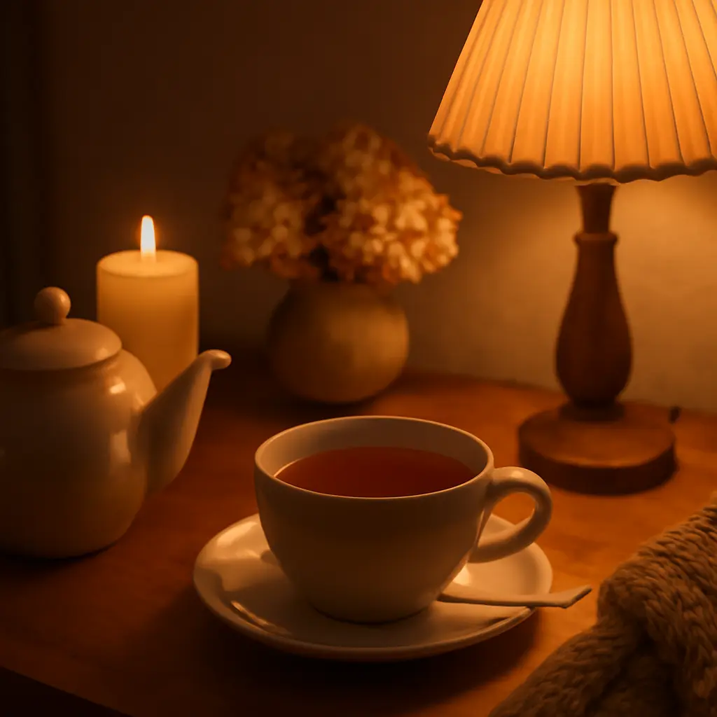 A calm evening routine scene with tea and soft lighting