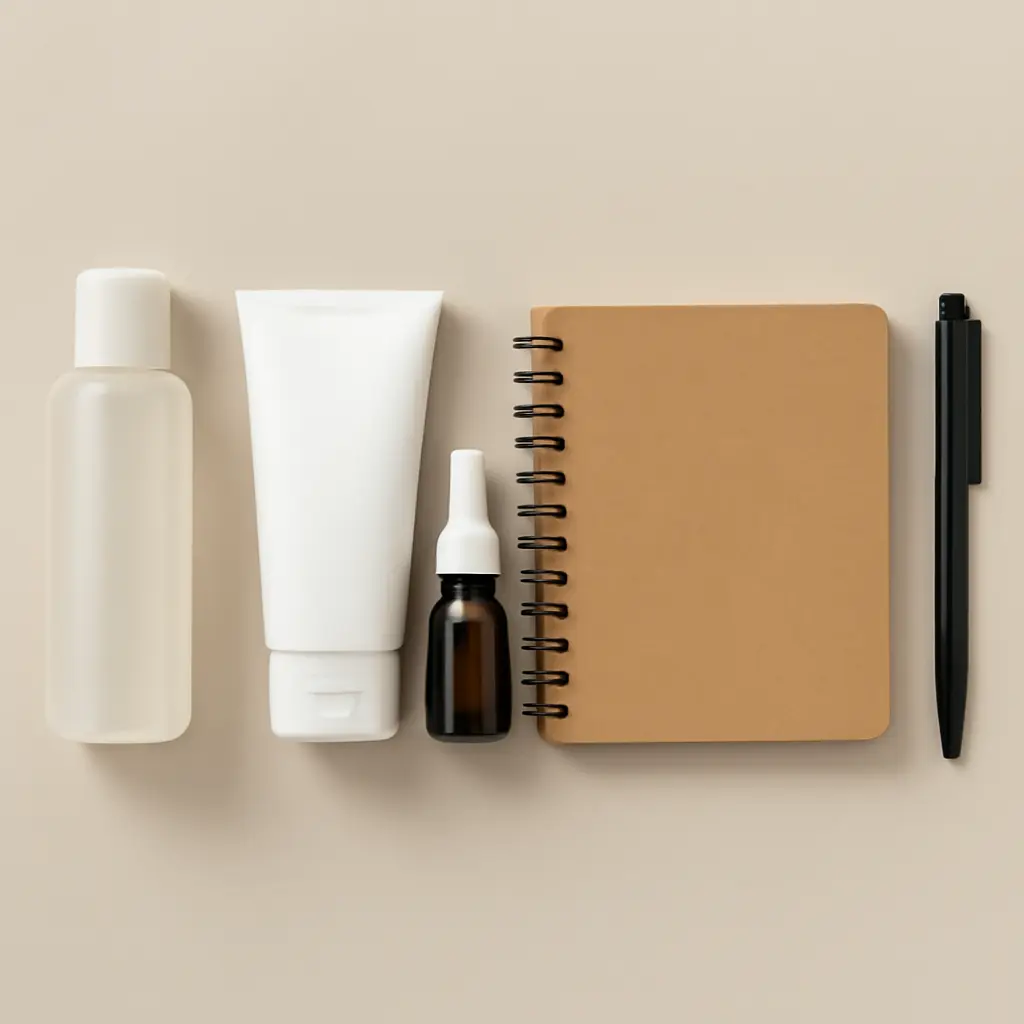 Flat lay of essential skincare items and a notebook