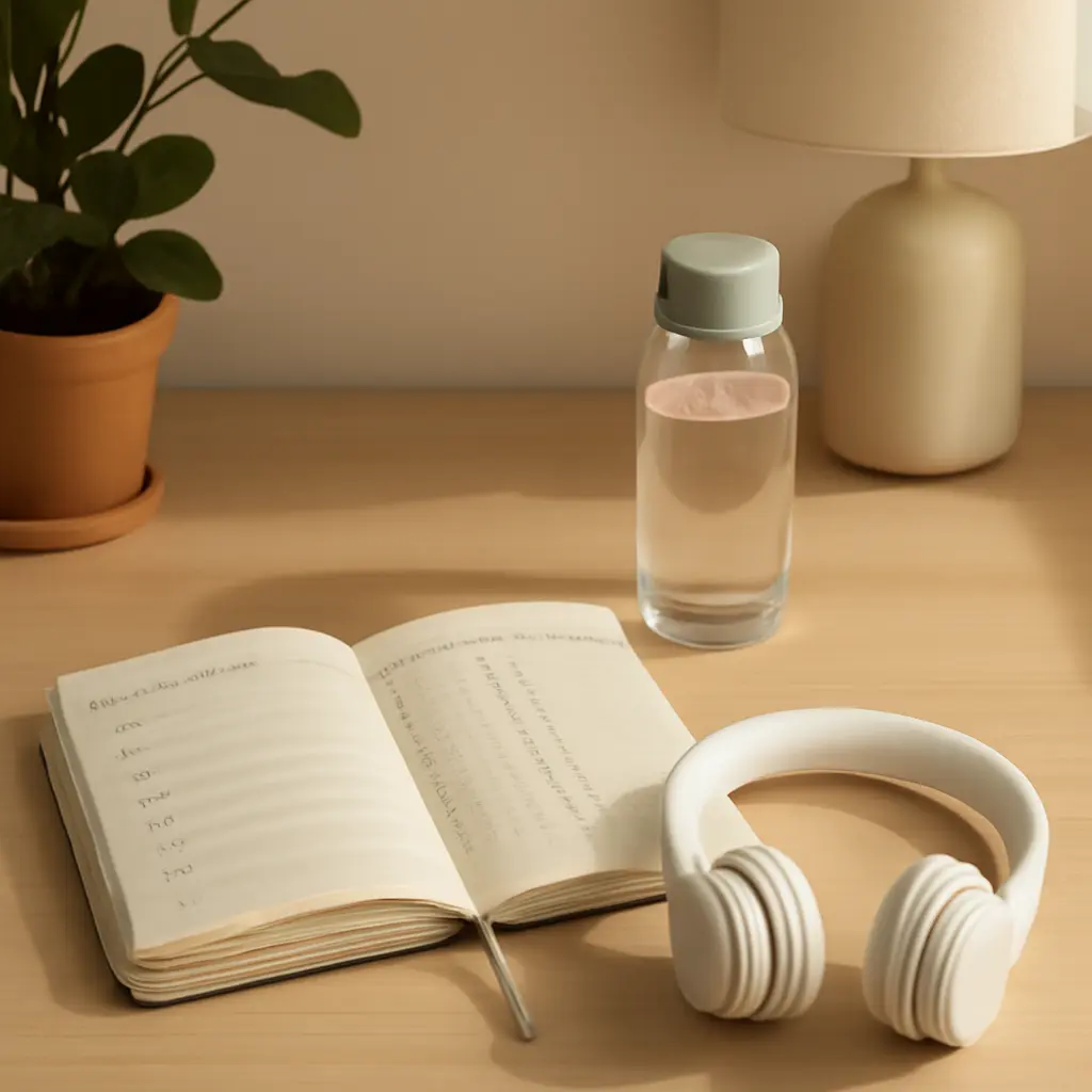 Simple items like a water bottle, planner, and headphones on a desk to indicate tiny habits