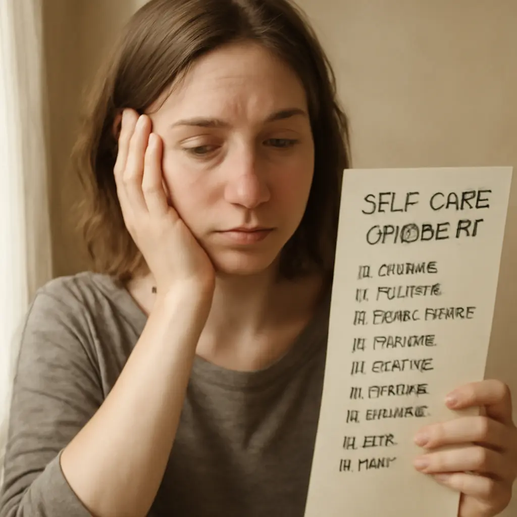 Woman with a checklist of self-care tasks looking overwhelmed