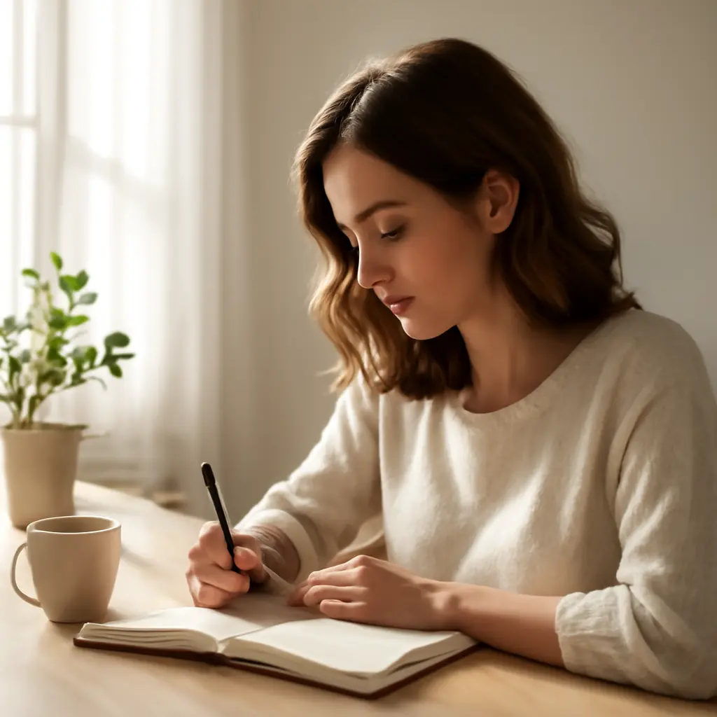 Woman journaling at a sunny morning desk