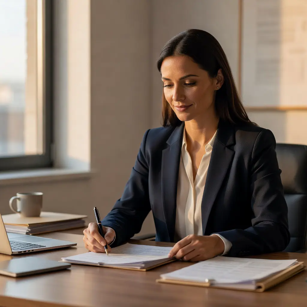 Woman making a confident decision about online casino choice A confident woman at a desk with a checklist, making an informed decision about choosing an online casino, organized and assured