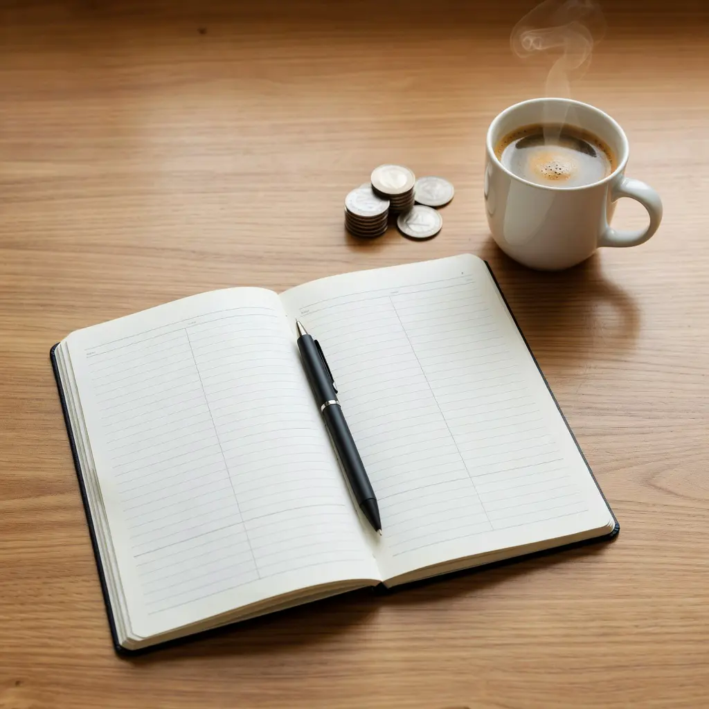Woman planning entertainment budget with notebook Top-down flat lay of a woman's hand writing in a budget planner notebook with a coffee cup and small coins visible on a wooden desk