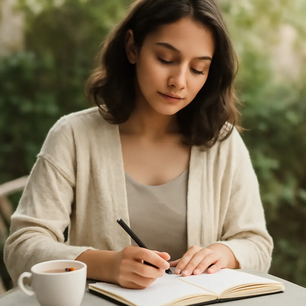 A modern woman practicing self-care outdoors with a journal and tea