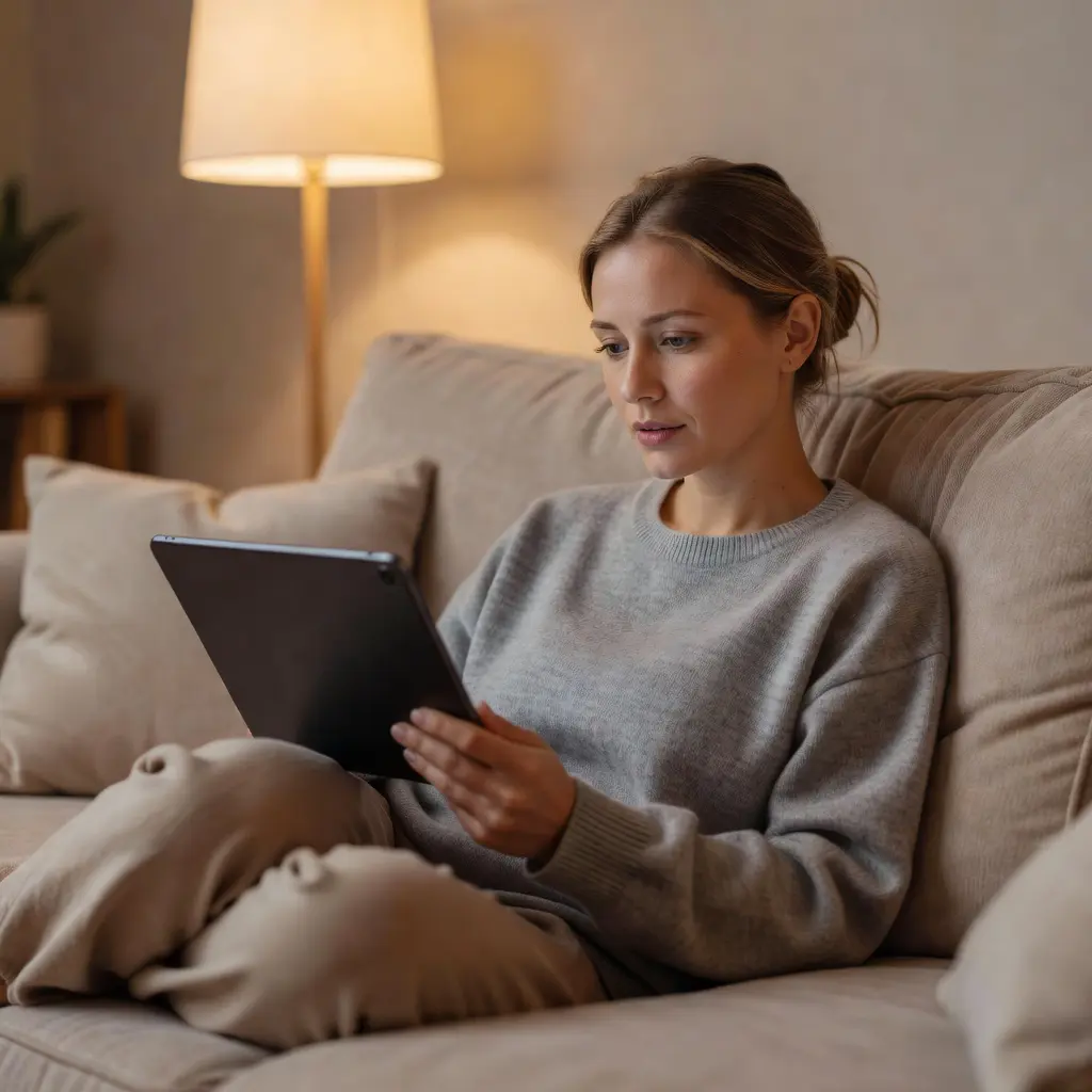 Woman reading online casino reviews on tablet Woman sitting comfortably on a sofa reading casino review articles on a tablet, carefully evaluating her options in a well-lit living room