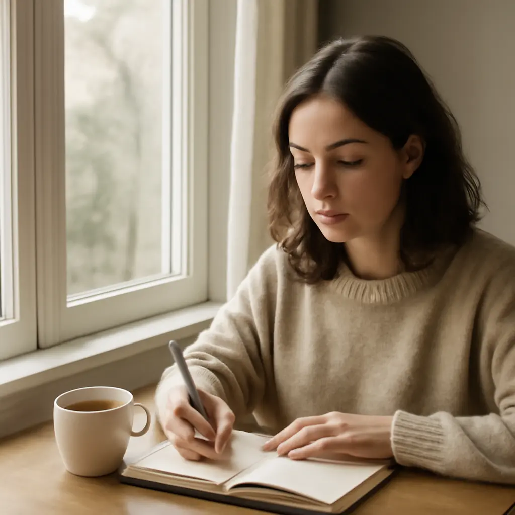Woman sitting peacefully with a journal and tea, reflecting on self-care