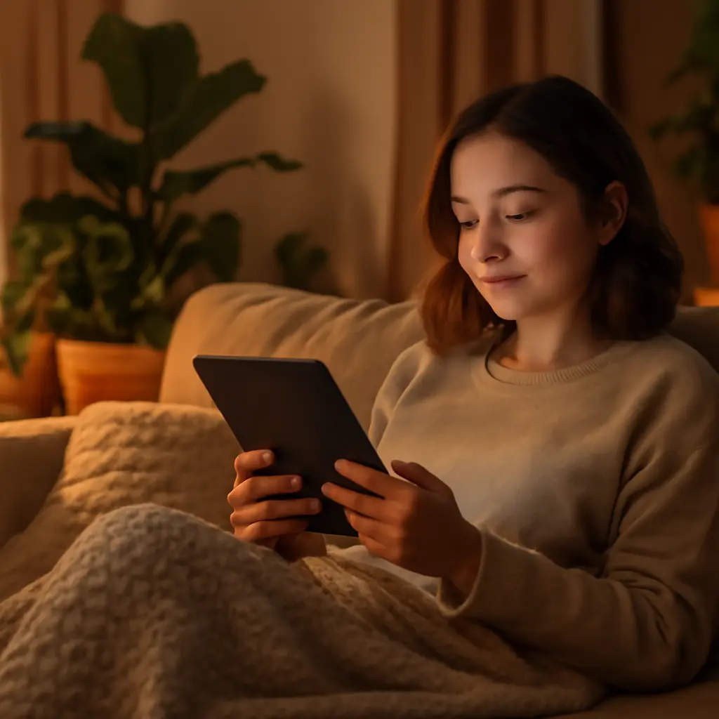 Woman relaxing with self-care activities Woman relaxing on a couch with a tablet and herbal tea enjoying leisure time
