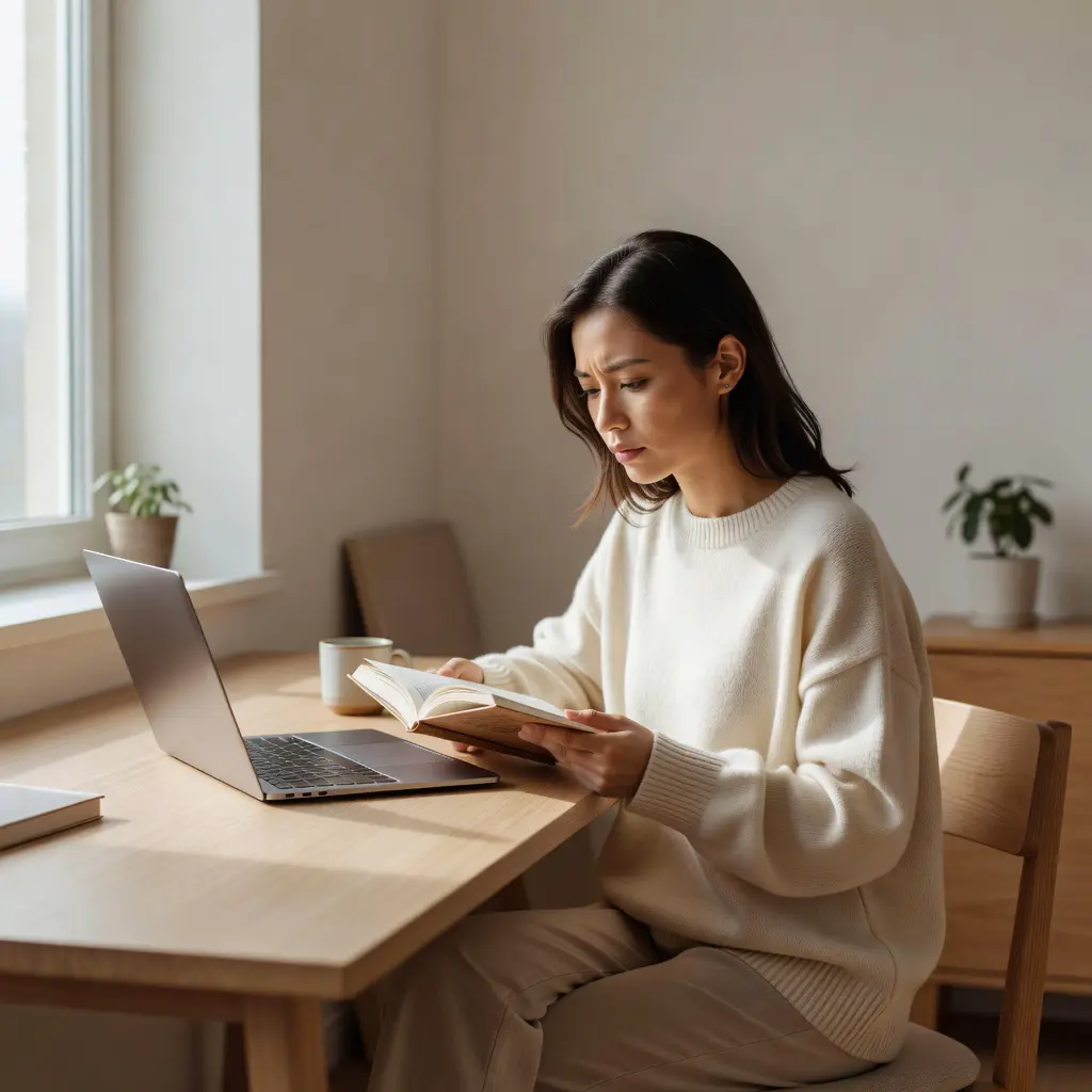Woman researching online casino games on laptop A focused woman in casual clothing using a laptop to research online casino game statistics and RTP values at home