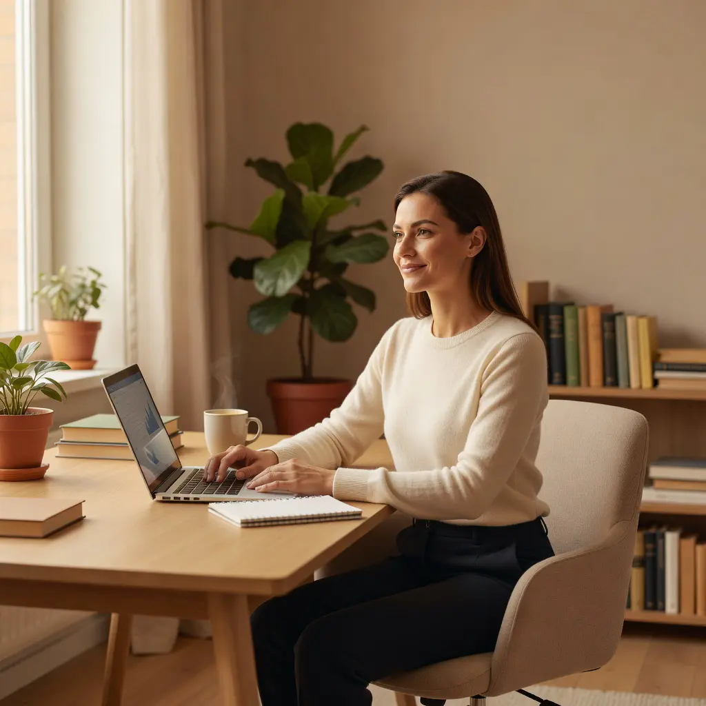 Woman researching online casinos on laptop A modern woman sitting at a bright home office desk, researching online casinos on a laptop with a cup of coffee beside her