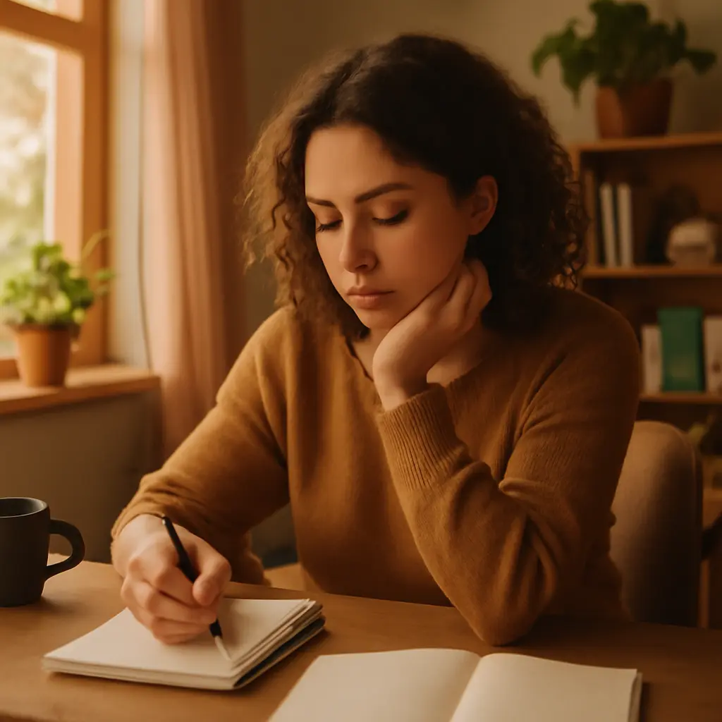Woman thoughtfully writing notes while sipping tea