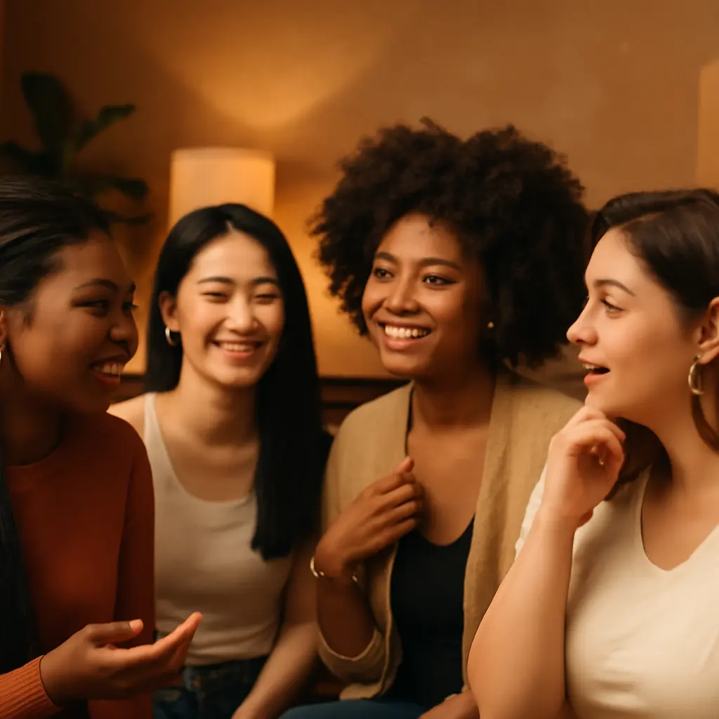 A diverse group of women discussing beauty tips and style