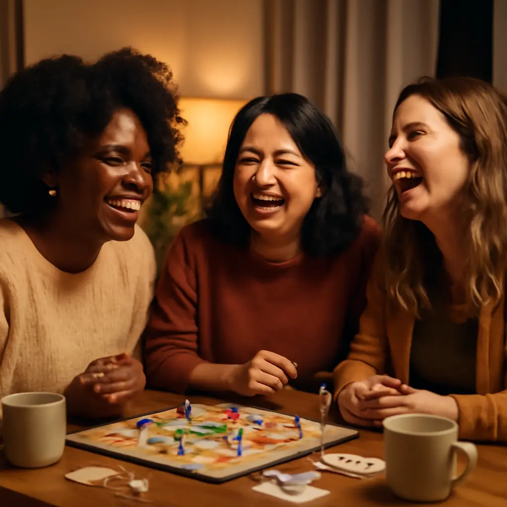 Women enjoying a game night Three women laughing around a table playing a game together, warm lighting