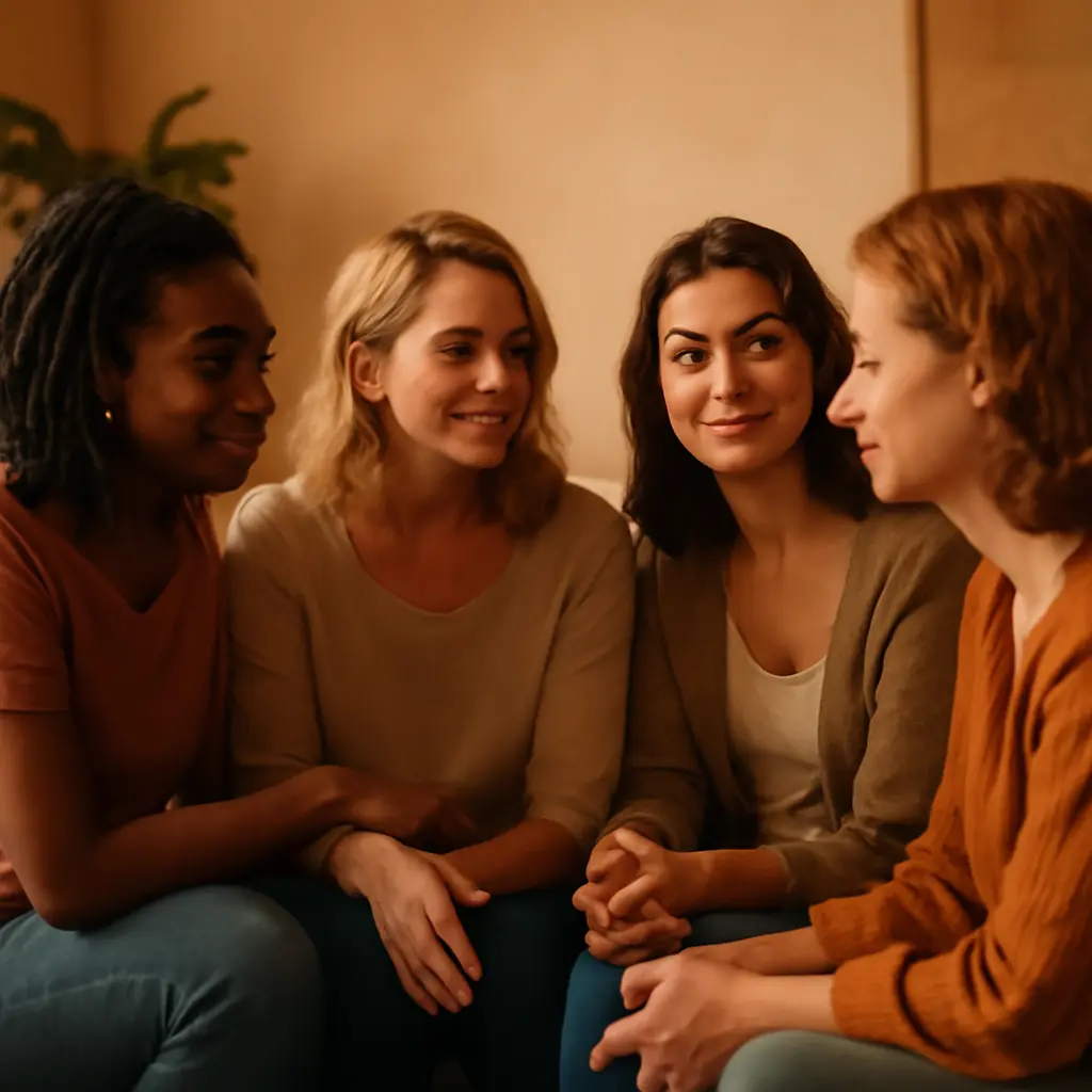 Small diverse group of women sitting in a circle, supporting each other in conversation