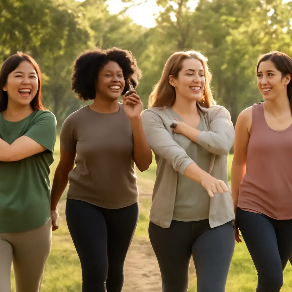 Group of diverse women practicing wellness outdoors, walking and stretching in a park